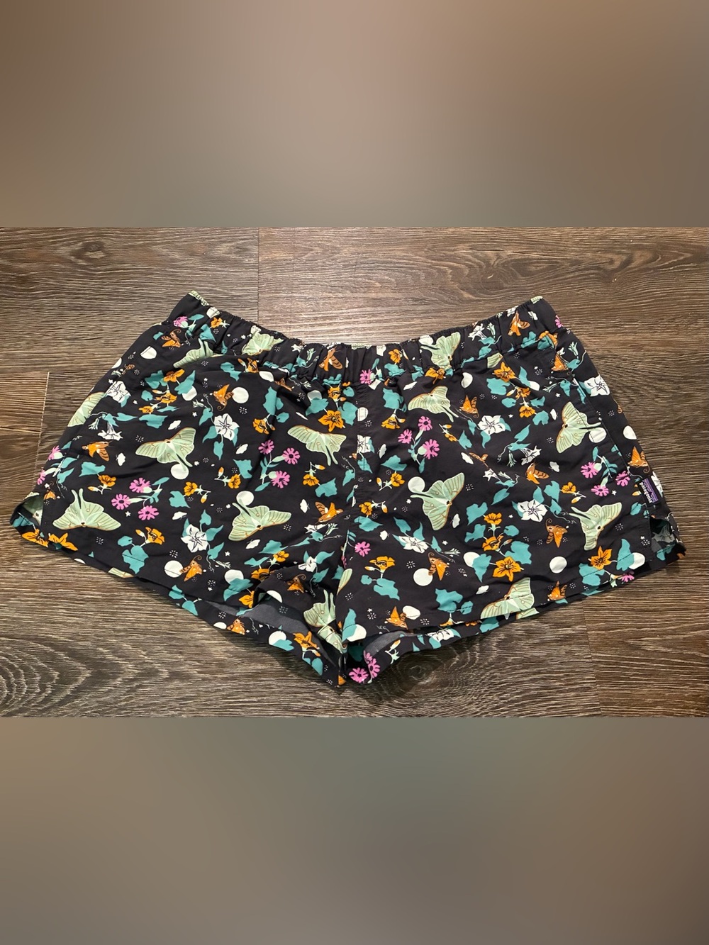 Patagonia Black Floral & Moth Print Athletic Shorts